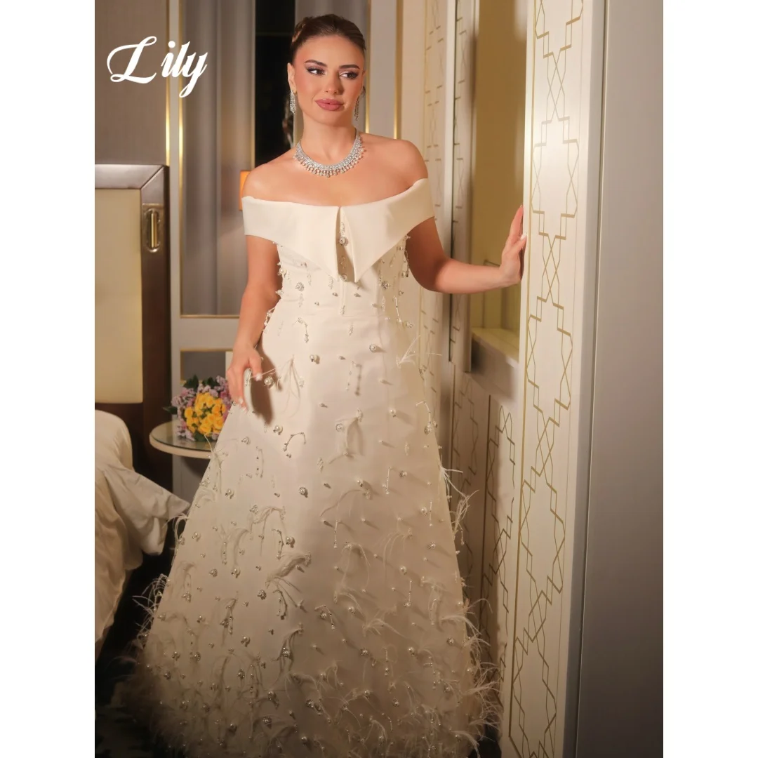 

Lily White Off Shoulder Prom Dress Satin A Line Evening Dress With Crystal Beaded And Feather Elegant Party Dress Customized