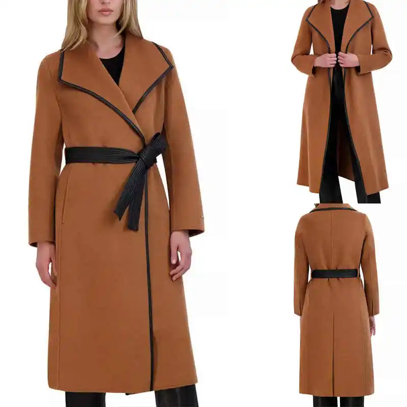 

Winter Warm Wool Blend Women's Overcoat with Faux Leather Trim Outdoors Windproof Commute Special Occasion Coat Customized