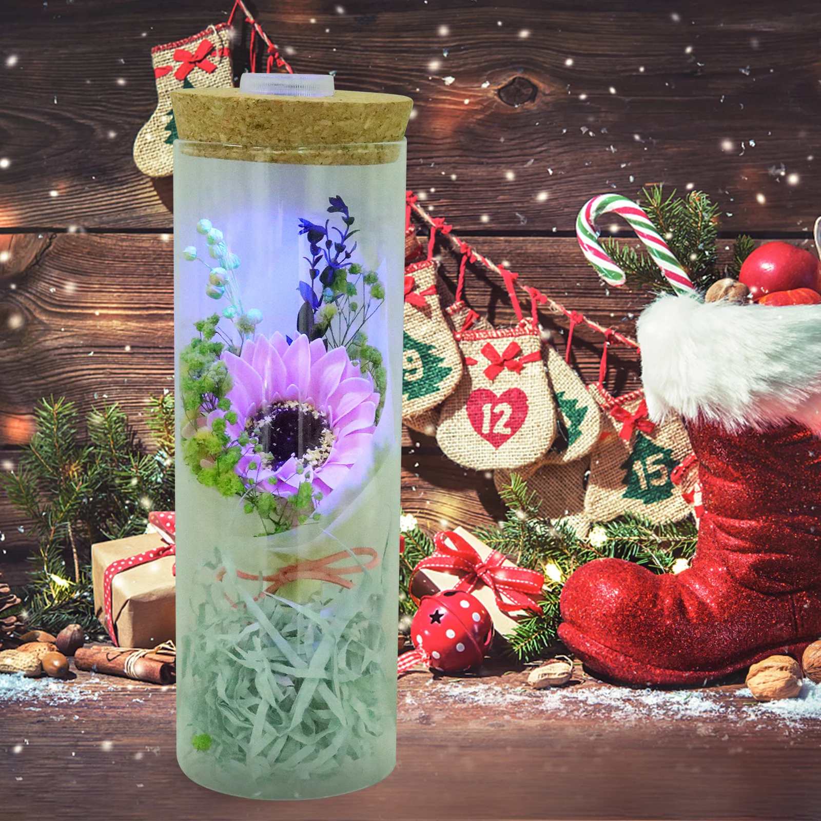 

Romantic Preserved Flower Bottle Pink Sunflower Luminous Soap Flower Wishing Jar Decoration for Birthday Wedding Anniversary