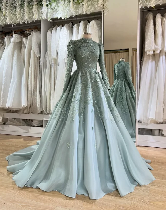 Sage Sparkly Muslimisches Kaftan-Abendkleid mit Glitzer-Blumenapplikationen, langen Ärmeln und für besondere Anlässe geeignet, Kaftan aus dem Nahen Osten, individuell anpassbar