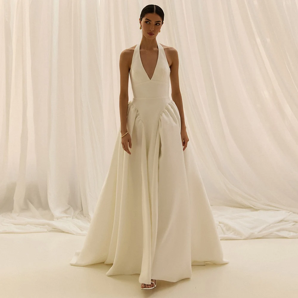 

Elegant Women Halter Neckline Jersey Wedding Dress for Brides Simple Zipper Back Sleeveless A-Line Bridal Gowns Customized