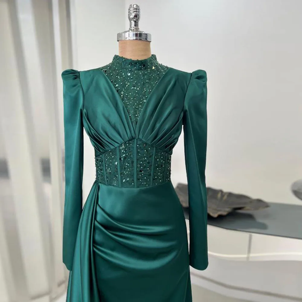 Customized Emerald Green Hijab Evening Dress 2025 High Neck Long Sleeve Formal Gown with Overskirt Pleated Satin Muslim Dress