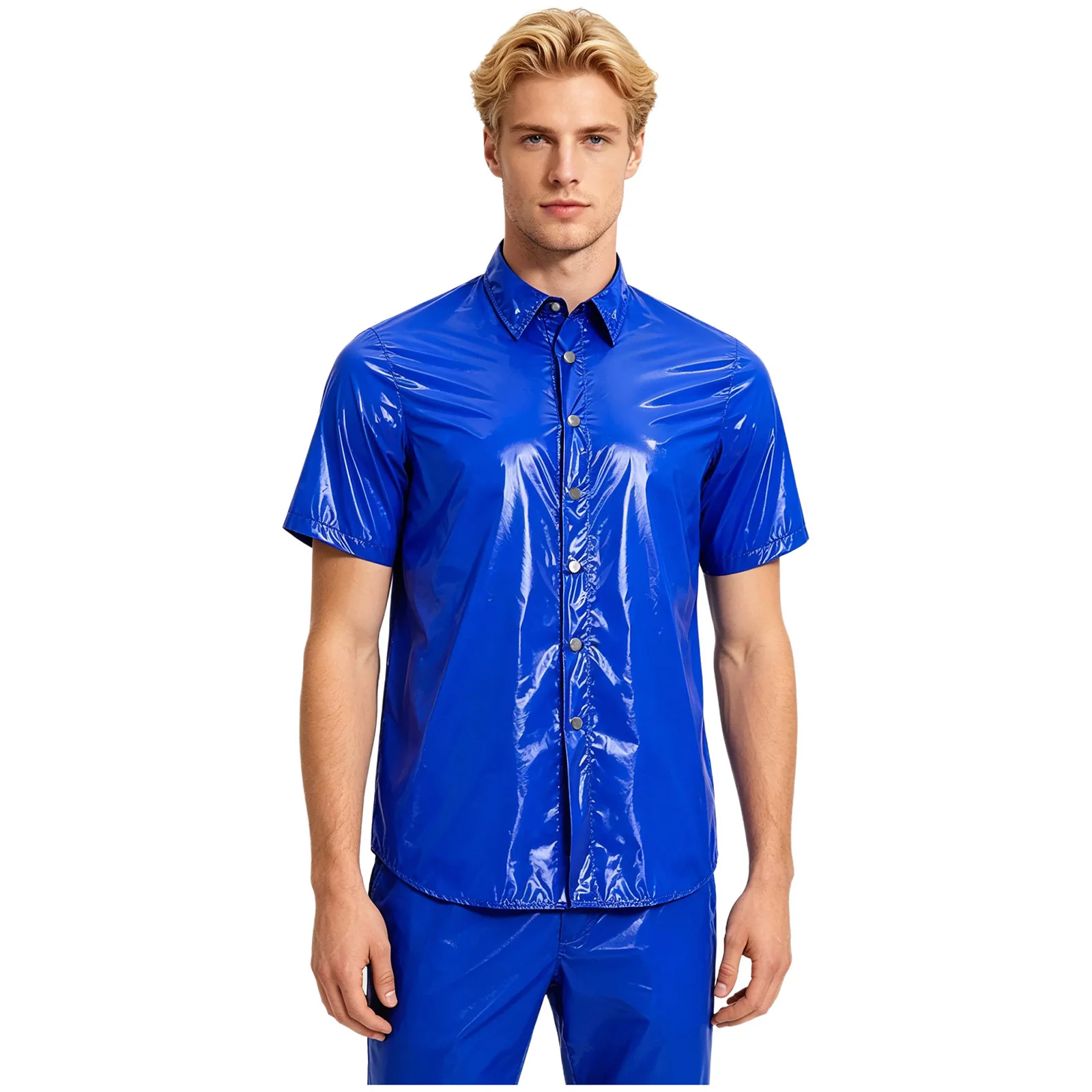 Mens Waterproof Vinyl Short Sleeve Raincoat Shirt Tops Shiny Button-Down Wet Look T-shirt Waterproof Wetlook PVC Blouse Clubwear