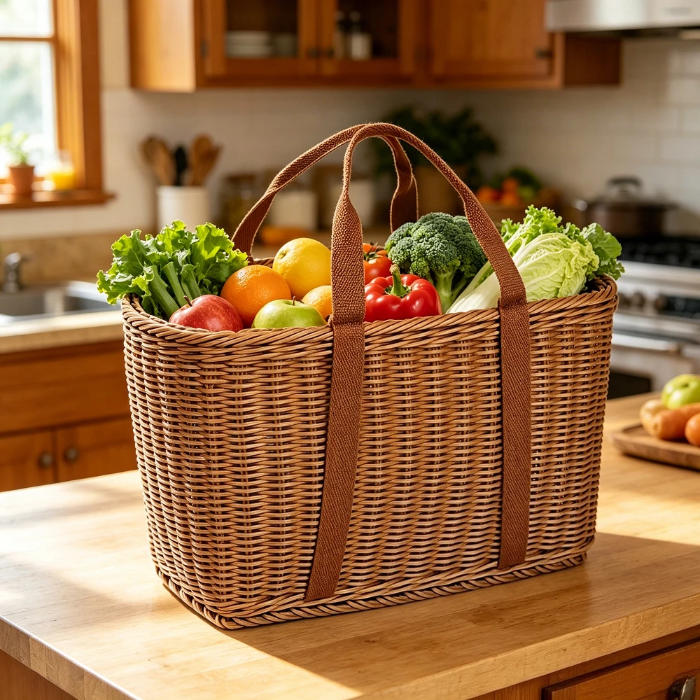 Handmade Imitation Rattan Woven Shopping Basket Large Capacity Tote for Grocery Picnic Fruit Vegetable Kitchen Storage Organizer view 2