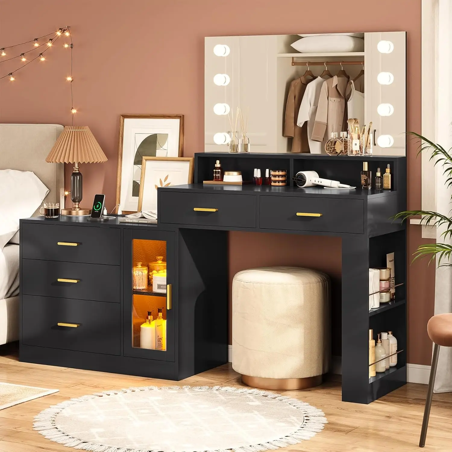 NEW Makeup Vanity Desk with Mirror and Lights & Charging Station, Black Vanity Table with 3 Drawers LED Dresser, Makeup Desk