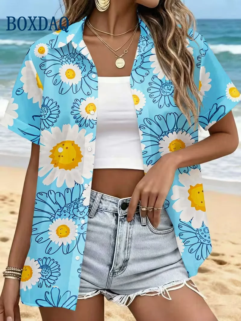Flowers 3D Print Women's Shirt Summer Ladies Loose Button Lapel Hawaiian Beach Short Sleeve Fashion Tops Plus Size Casual Blouse