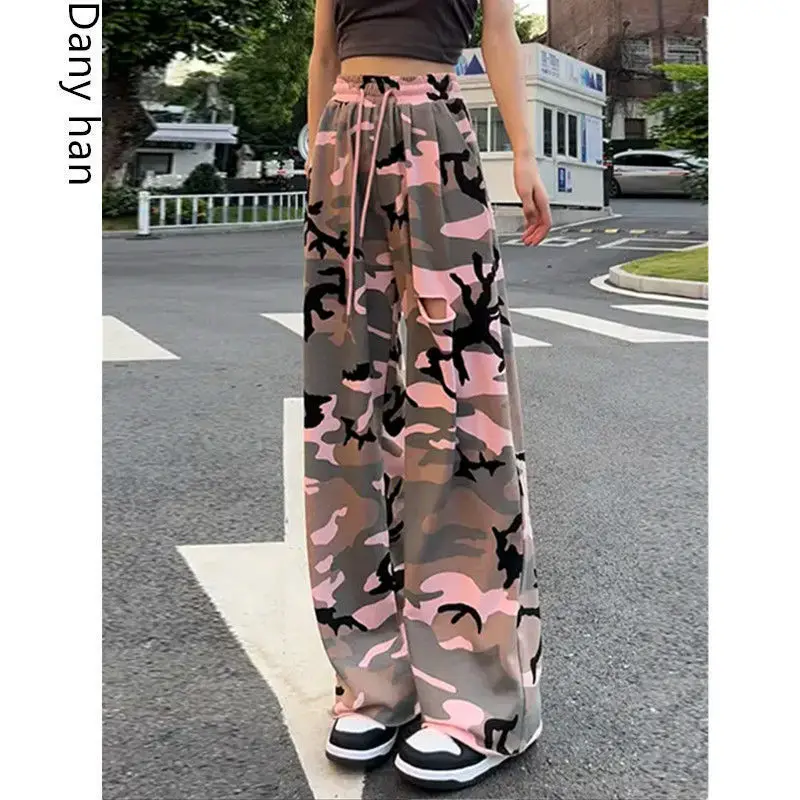 Hip Hop High Waisted Elastic Waist Holes Wide Leg Camouflage Pants Y 2k 90s Vintage Aesthetic Baggy Pants Harajuku Trousers Girl