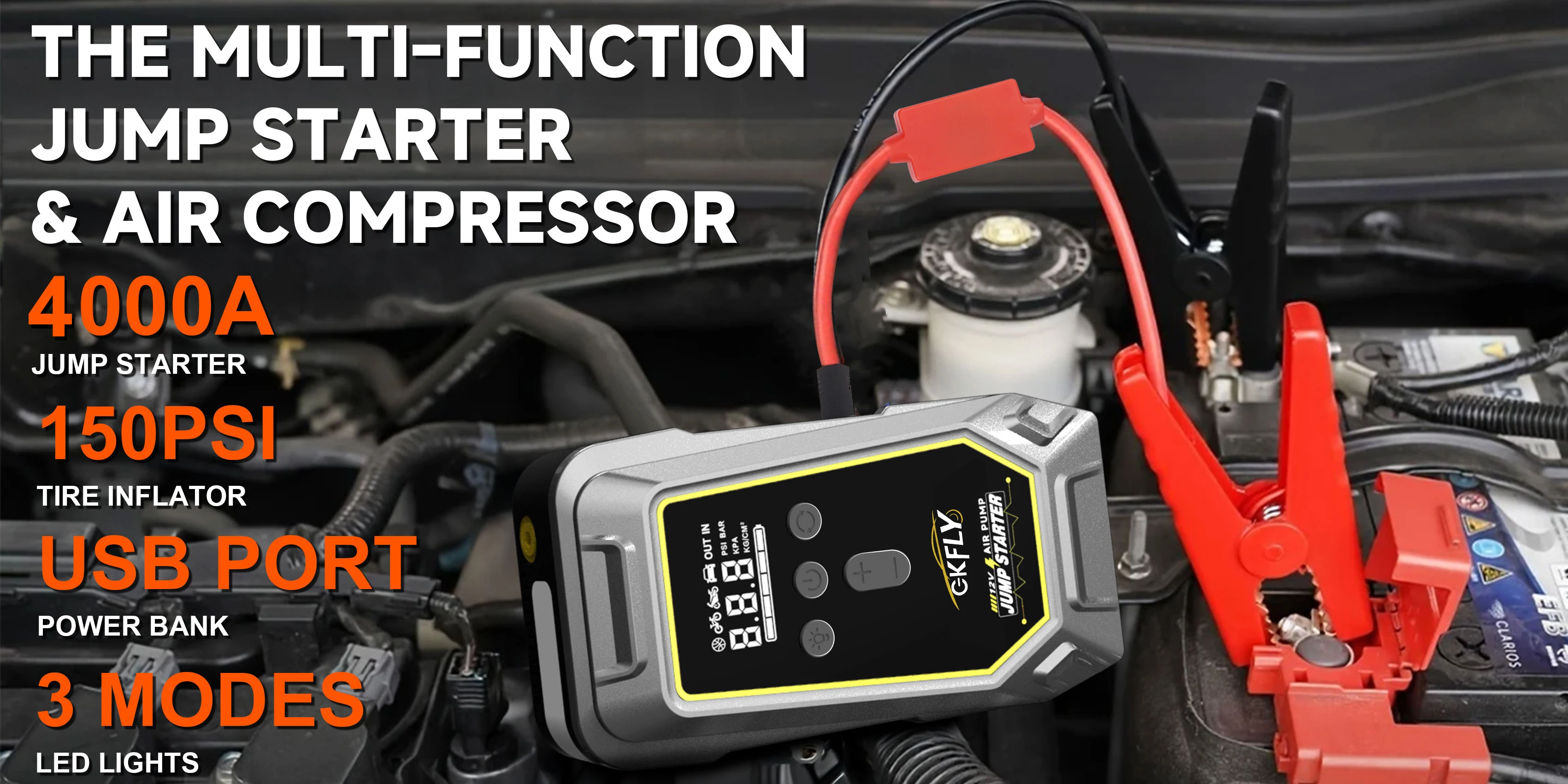 GKFLY 4 In 1 4000A 7000A Jump Starter 150PSI Pump Air Compressor 59.2Wh Power Bank 12V Starting Device Digital Tire Inflator