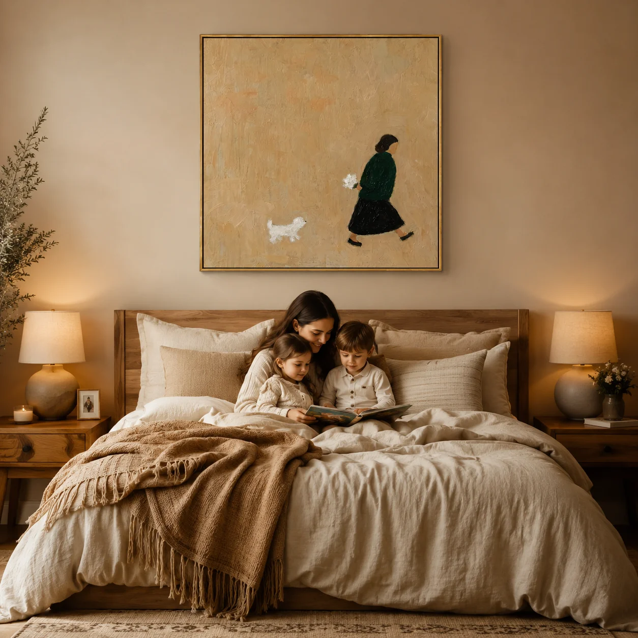 The Garden Errand – Warm Tan Folk Woman & Dog Portrait Painting,Canvas Wall Print,High‑Grade Home Decoration Artwork for Bedroom