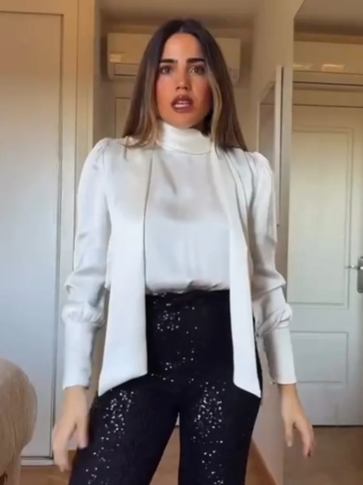 

HH Women Fashion Versatile Silk Satin Solid Bow Decorated Backless Shirt Female Temperament Casual High Neck Long Sleeve Top