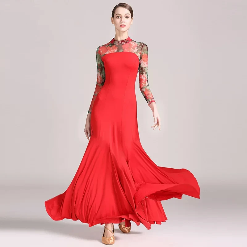 Long sleeve floral print spliced swing dance long dress for ballroom dance performance and dance competition