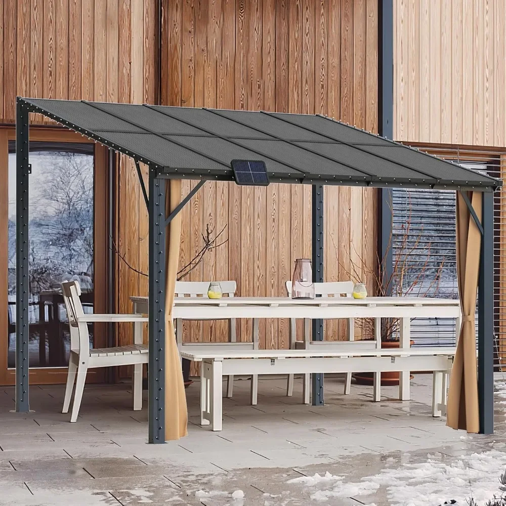 10x10 Outdoor Lean to Gazebo, Wall-Mounted Pergola Gazebo, Hardtop Heavy Duty Pavilion with Metal Frame, Awnings for Patios