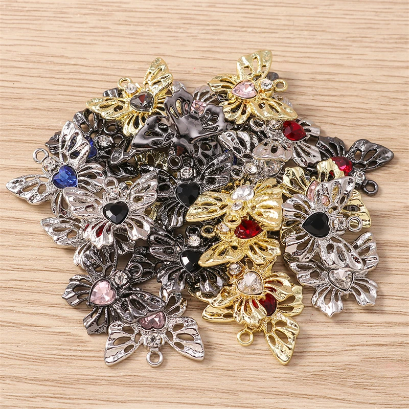 5pcs 20x17mm Cute Crystal Alloy Flying Heart Butterfly Charms Pendants for Making Necklaces Earrings DIY Crafts Jewelry Findings