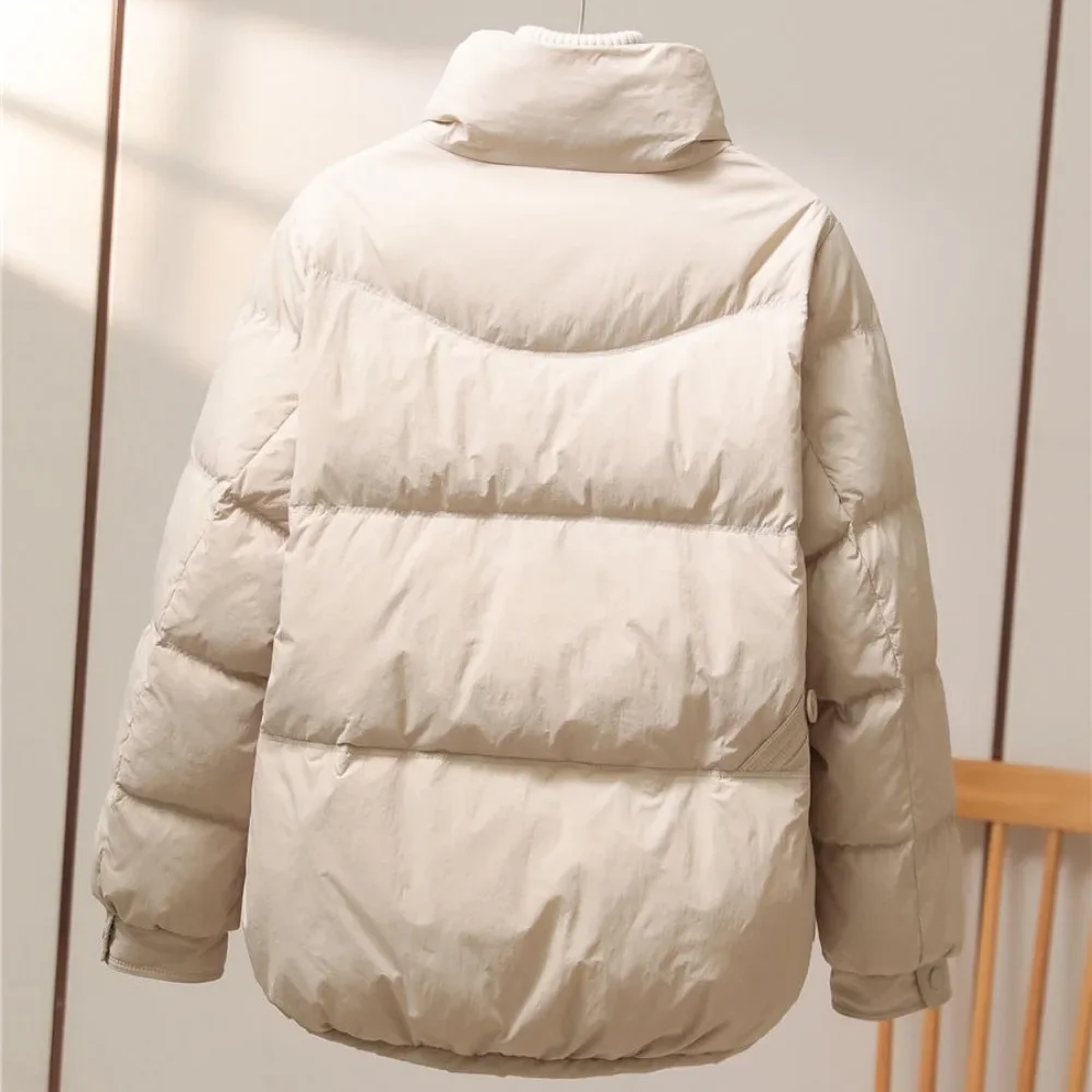 2024 New Winter Standing Neck Loose White Duck Down Warm Jacket Women Buttons Solid Color Warm Casual Fashion Puffer Bread Coat