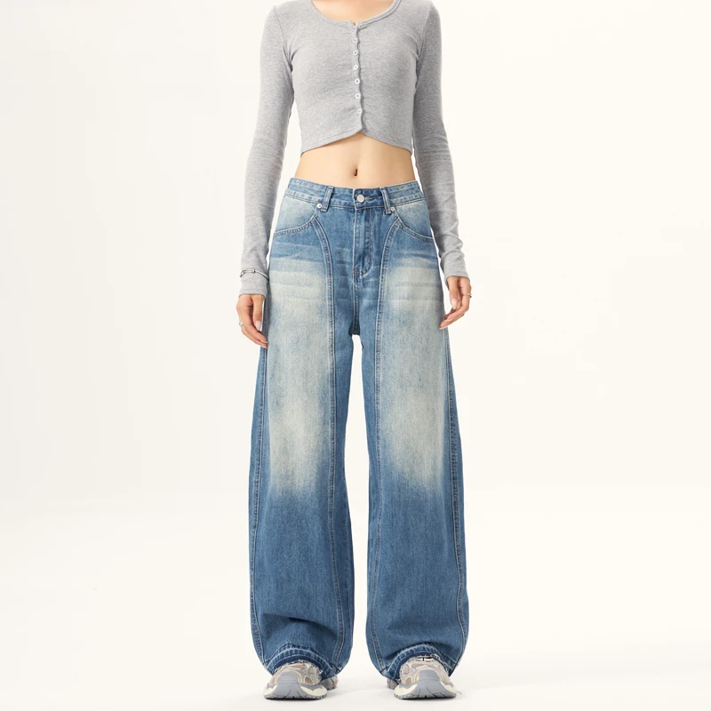 

CHIC American Retro Boyfriend Denim Jeans Women Hip Hop Men Baggy Pants Bleached Spliced Long Wide Leg Trousers Drop Shipping