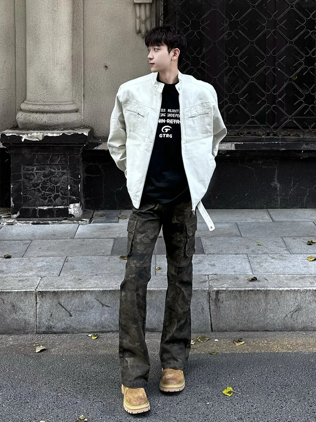 

American Retro Camouflage Jeans High Waist Lift Tapered Slim Straight Leg Jeans Men's Faion Workwear Bootcut Denim Pants