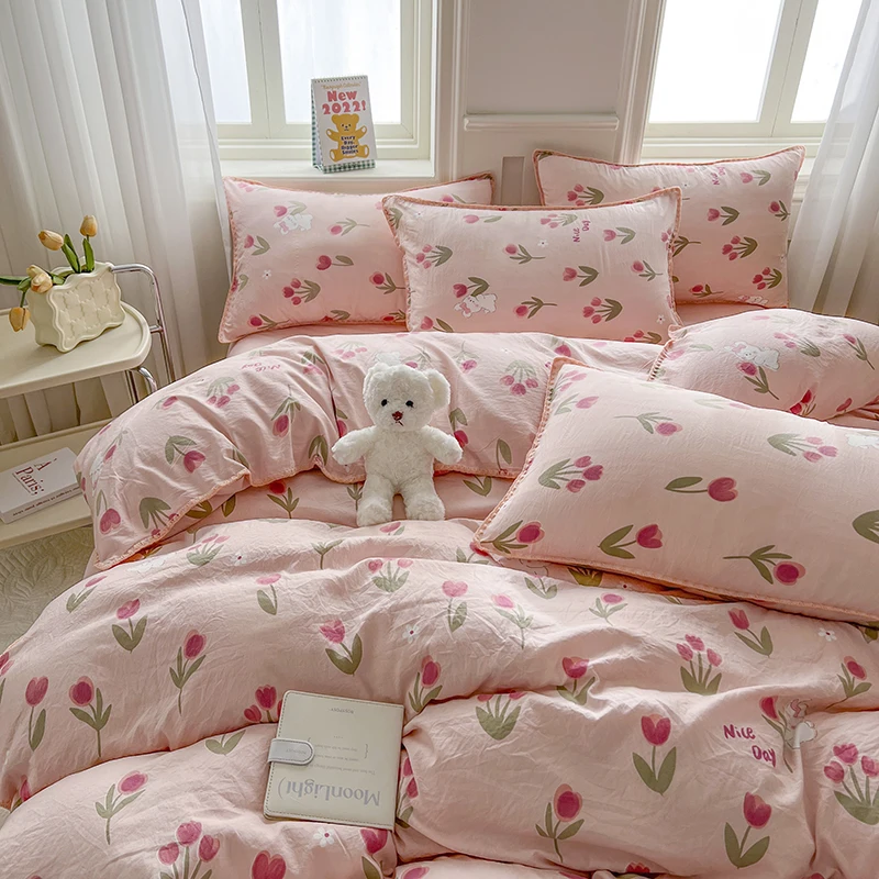 Pink Tulip Double Layer Yarn Quilt Cover Bed Sheet Pillowcase Twin Queen Size Bedding Set Girls Women Duvet Cover Set No Filler