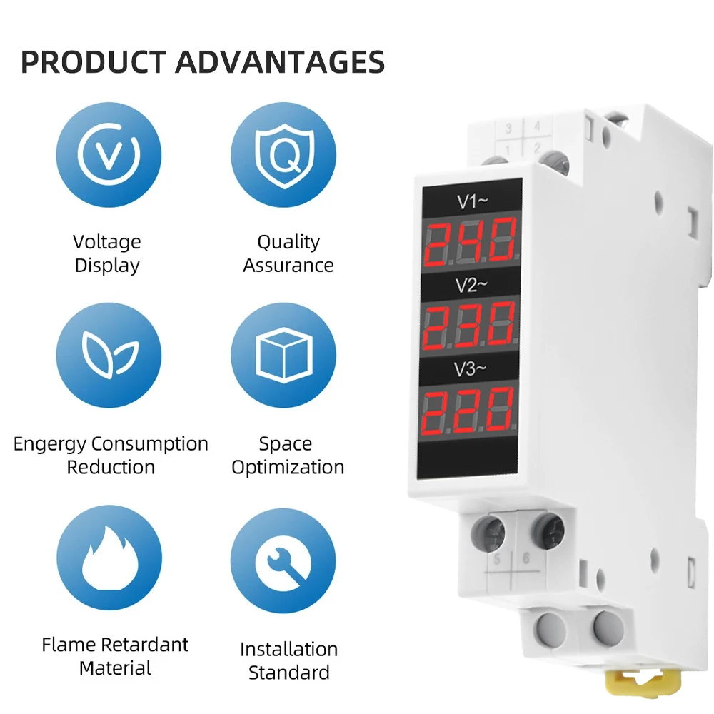 18MM Din Rail Mount Three Phase Voltage Meter AC 80V-500V Mini Modular Voltmeter Gauge Indicator LED Digital Display 220V 380V