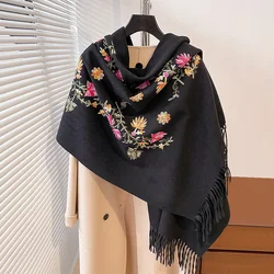 2024 Brand Fashion Embroidery Scarf Elegant Women Winter Thick Warm Neck Pashmina Long Fringe Scarves Lady Blanket Soft Shawl