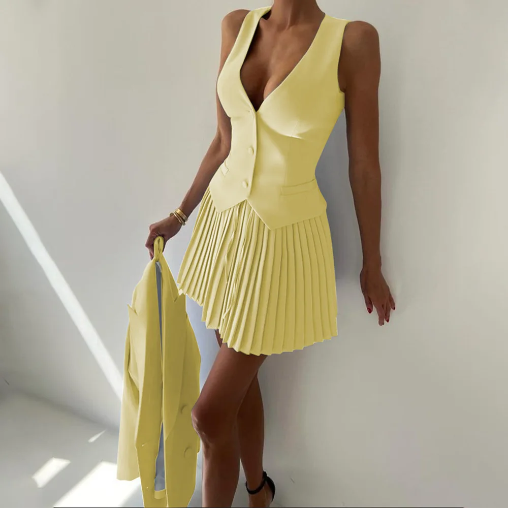 Women Skirt Set Summer Sexy V-Neck Blazer Vest With Short Pleated Skirt Casual Two Piece Set Fashion Lady Office Wear Skirt Suit