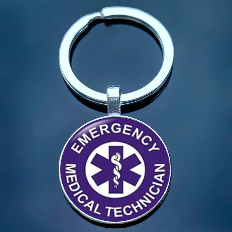 Emergency medical technicians keychain male and female medical alarm glass circular keyring doctor and nurse gift jewelry