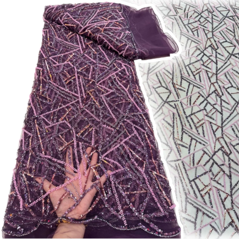 

Wholesale Nigerian Beaded Lace Fabric Fashion French African Sequins Mesh Lace Fabric For Bridal Party Dress Sewing 5 Yards 2722