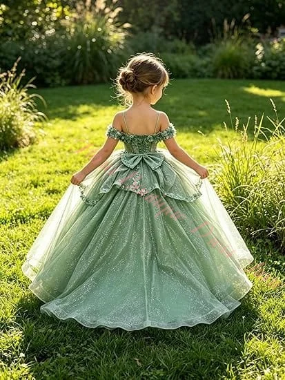 Gorgeous Quality Green TUlle Fluffy Exquisite Applique Flower Girl Dress for Wedding Birthday Party First Communion Gowns