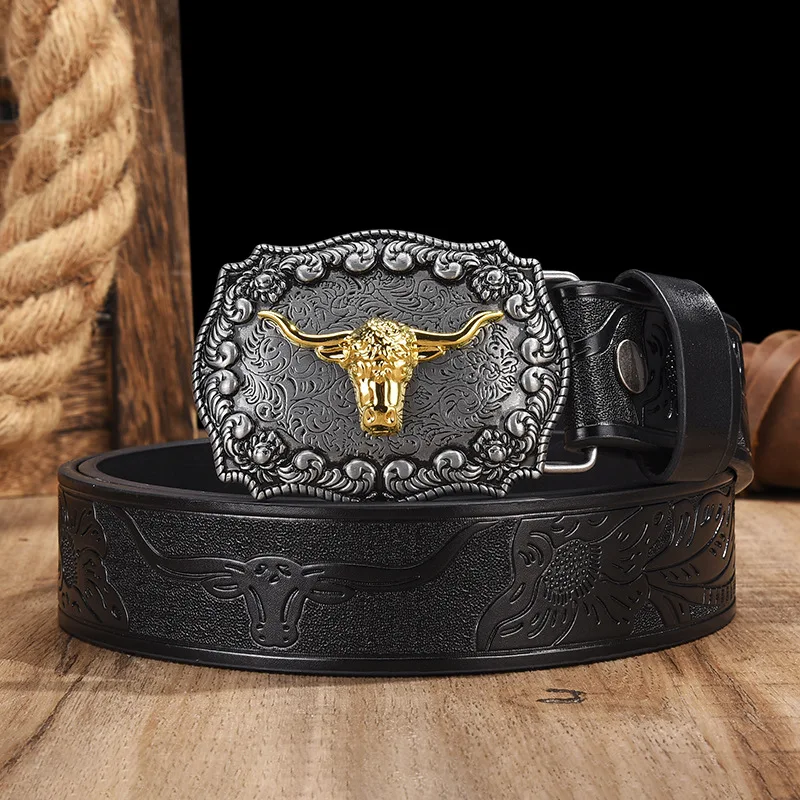 Herren- und Damenbekleidung – PU-Ledergürtel im Western-Cowboy-Stil – Vintage-Gürtel mit bedruckter Schnalle für Jeans – Detail 7