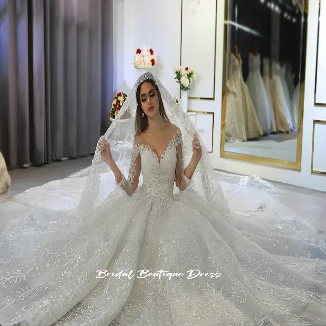 Aangepaste prachtige off-the-shoulder lange mouwen trouwjurk kralen kant bruidsjurk trein nieuwe vestido