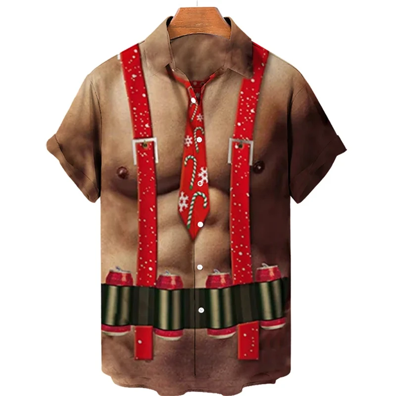 Funny Christmas Uniform Blouses Santa Claus Cosplay Shirts For Men Clothes Xmas Mens Gift Short Sleeve Streetwear Lapel Blouse