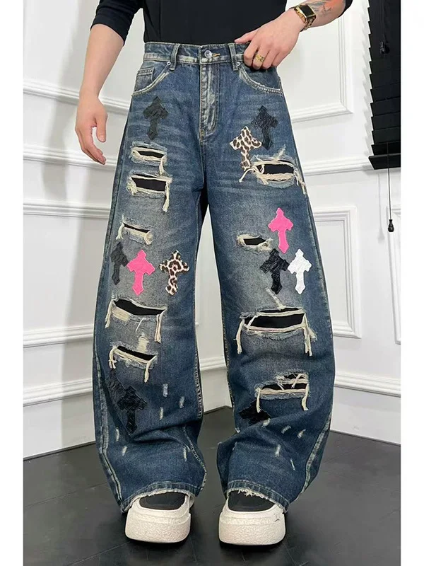 

American Sle Spliced Waed Hole Denim Jeans Loose Straight Blue Street Sle Men's Casual Faion Ci Life Autumn Season