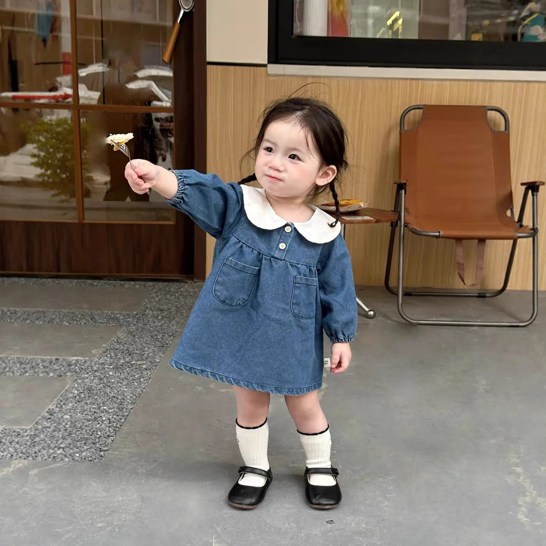 

2025 Autumn New Baby Girl Long Sleeve Denim Dress Solid Kids Girls Lapel Princess Dress Infant Princess Dress Toddler Clothes