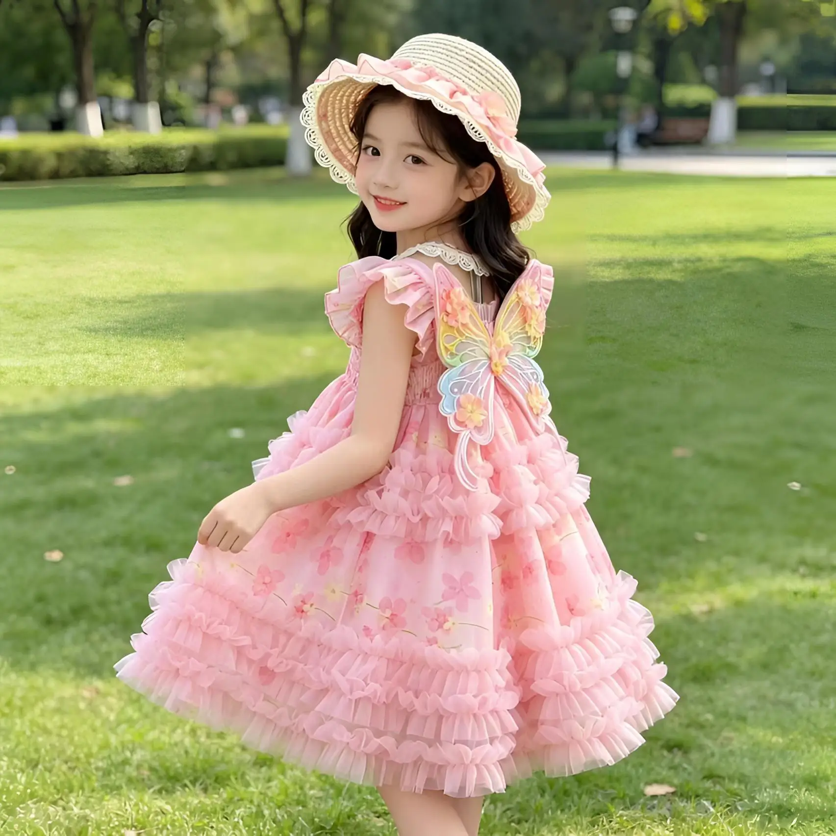 Girls summer children's Internet celebrity butterfly suspender girls fluffy mesh princess dress