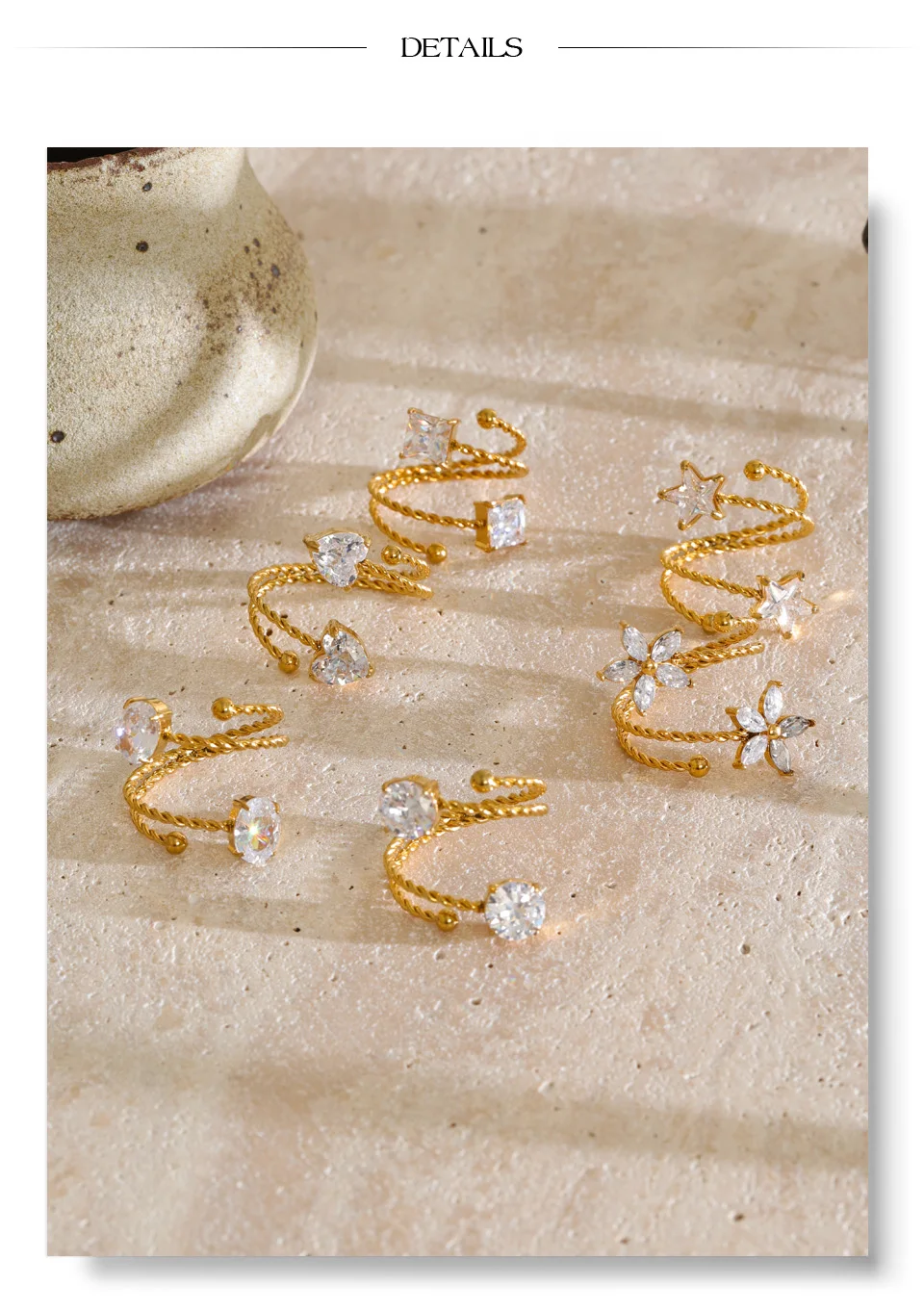 Yhpup Edelstahl Verstellbarer Manschettenring Sterne Blume Herz Zirkonia Mehrschichtig Modischer Goldener Fingerschmuck Geschenk – Detail 7