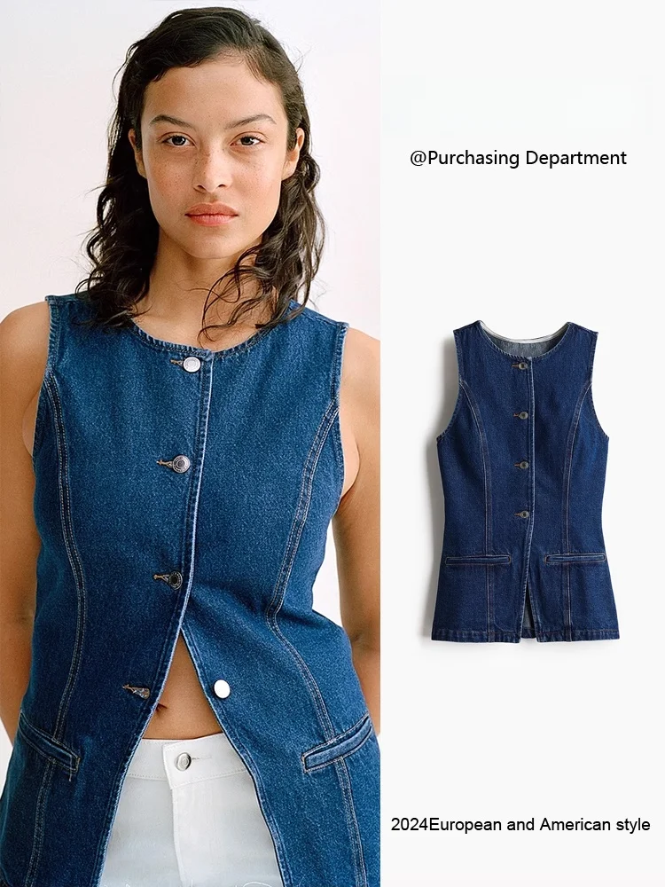 Spring New Women's Fashionable Casual round Neck Sleeveless Denim Vest ZA2025 All-Match Single Button Style Commute Wind