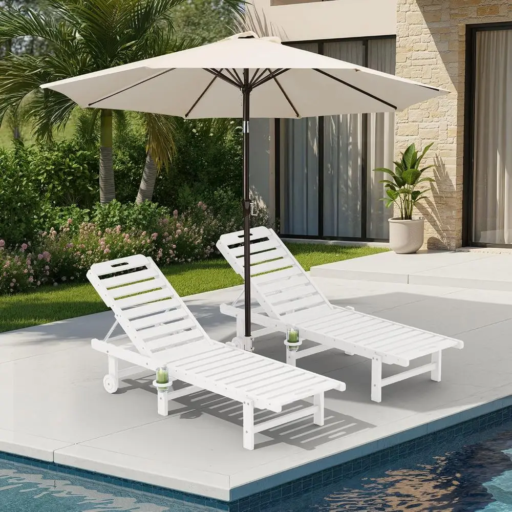 

Set o 2 with 9T Patio Umbrella, HDPE Pool Lounge Chair with 5-Position Adjustable Backrest, Patio Lounger with Rolling Wheels &