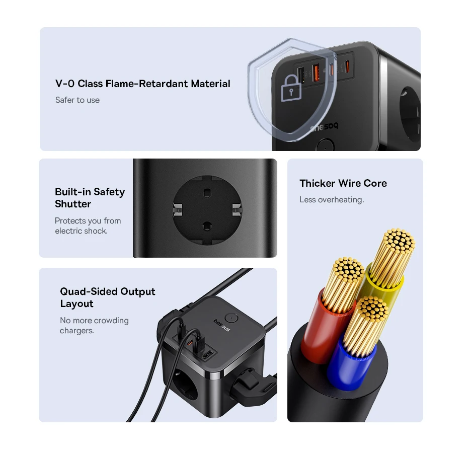 Baseus 30W Ladegerät Schnelle Steckdosenleiste 4000W 3AC Steckdose Desktop Ladestation Überspannungsschutz Für Tablet iPhone Samsung Xiaomi – Detail 11