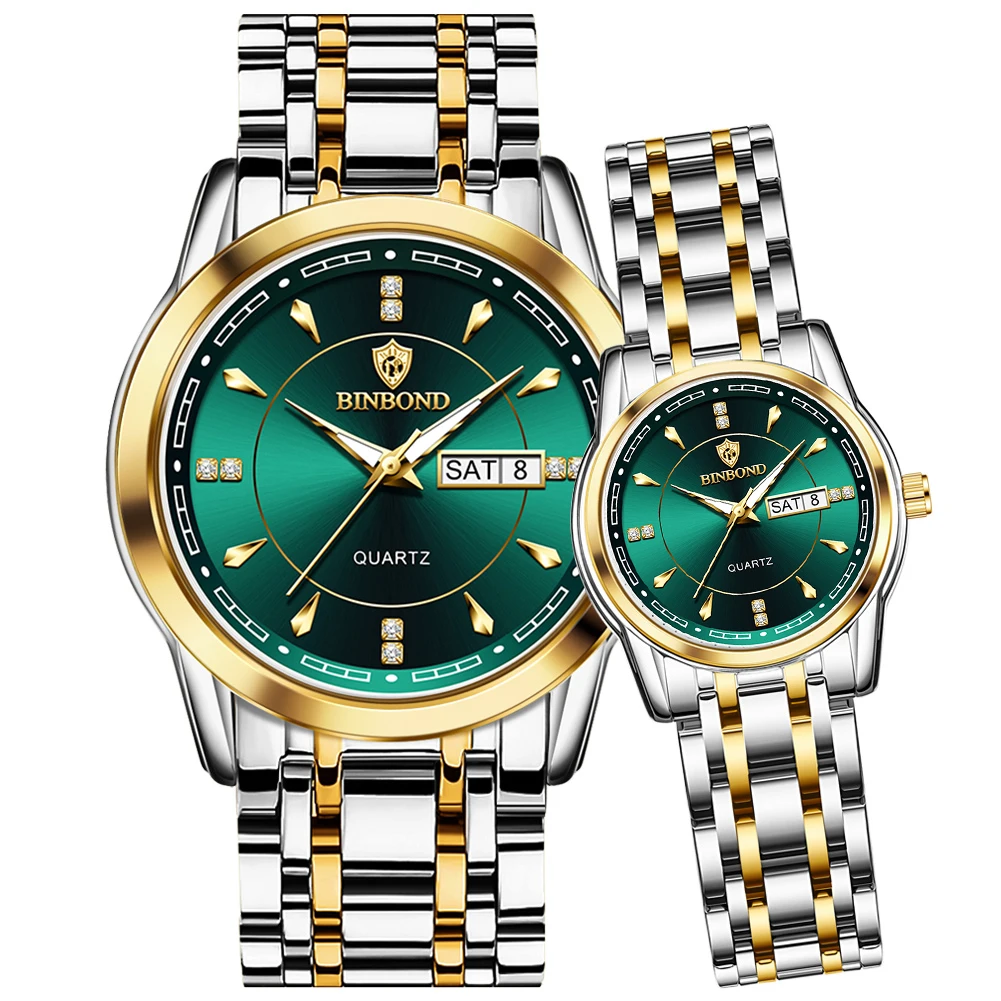 BINBOND Couple Watches Simple Fashion Top Brand Original Quartz Watch for Lover Waterproof Stainless Steel Date Week Luminous