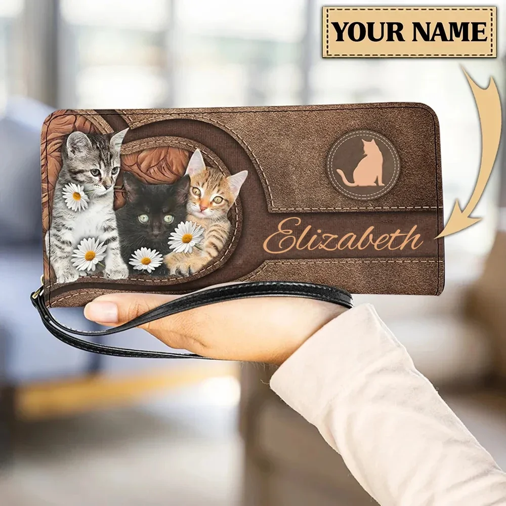 

Personalized Cat Lovers Wristband Wallets Cute Cats Pattern Women PU Leather Clutch Wallet Female Long Card Purse Custom Name