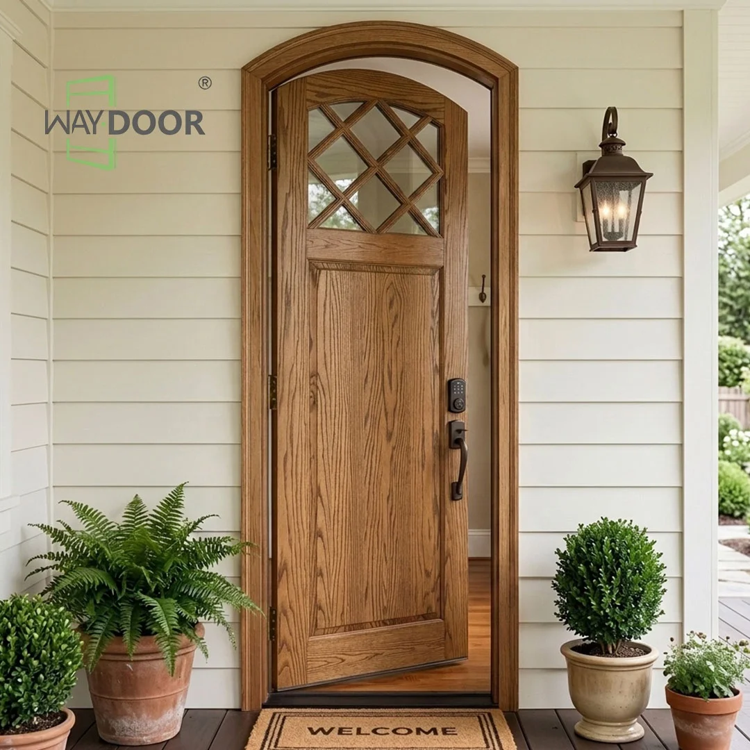 Front DoorHigh Security Diamond Grille Glass Arched Top Prehung Single Solid White Oak Wood Front Door