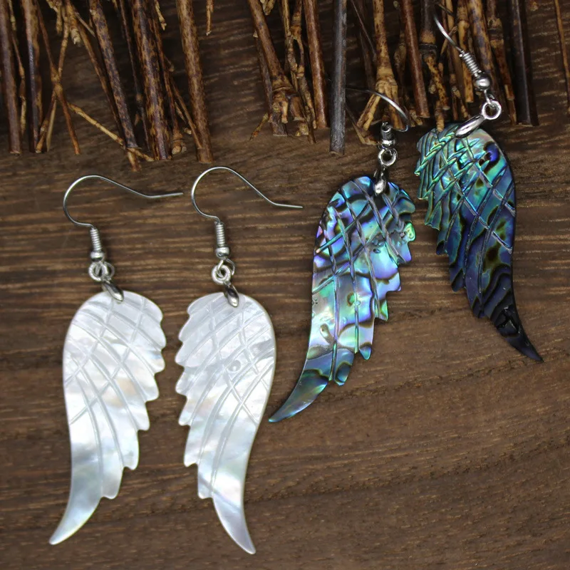 Angel Wing Shell Earrings For Women Girls Natural Abalone Shell Carved Multicolor Dangle Hook Angel Wing Shell Earring Jewelry