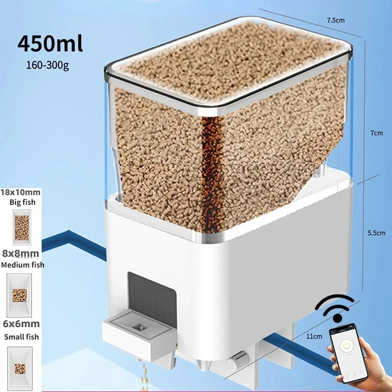 Imagem -02 - Aquário Alimentador Automático de Tanques de Peixes Timing Wifi Smart Phone App Alto-falante Inteligente Controle Remoto de Voz Alimentação de Peixes 100ml