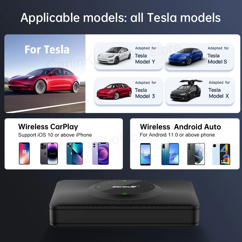 CarlinKit T2C Wireless CarPlay Android Auto AI Box 2026 Auto Connect Android Auto Wireless  Adapter For Tesla Model Y Model 3 Smart Car Systems Spotify