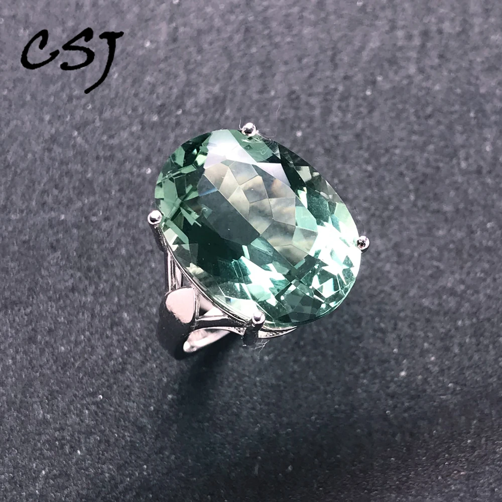 

CSJ Big Stone 13ct Green Amethyst Ring Oval Cut 13*18mm Sterling 925 Silver Natural Gemstone Fine Jewelry for Women Party Gift