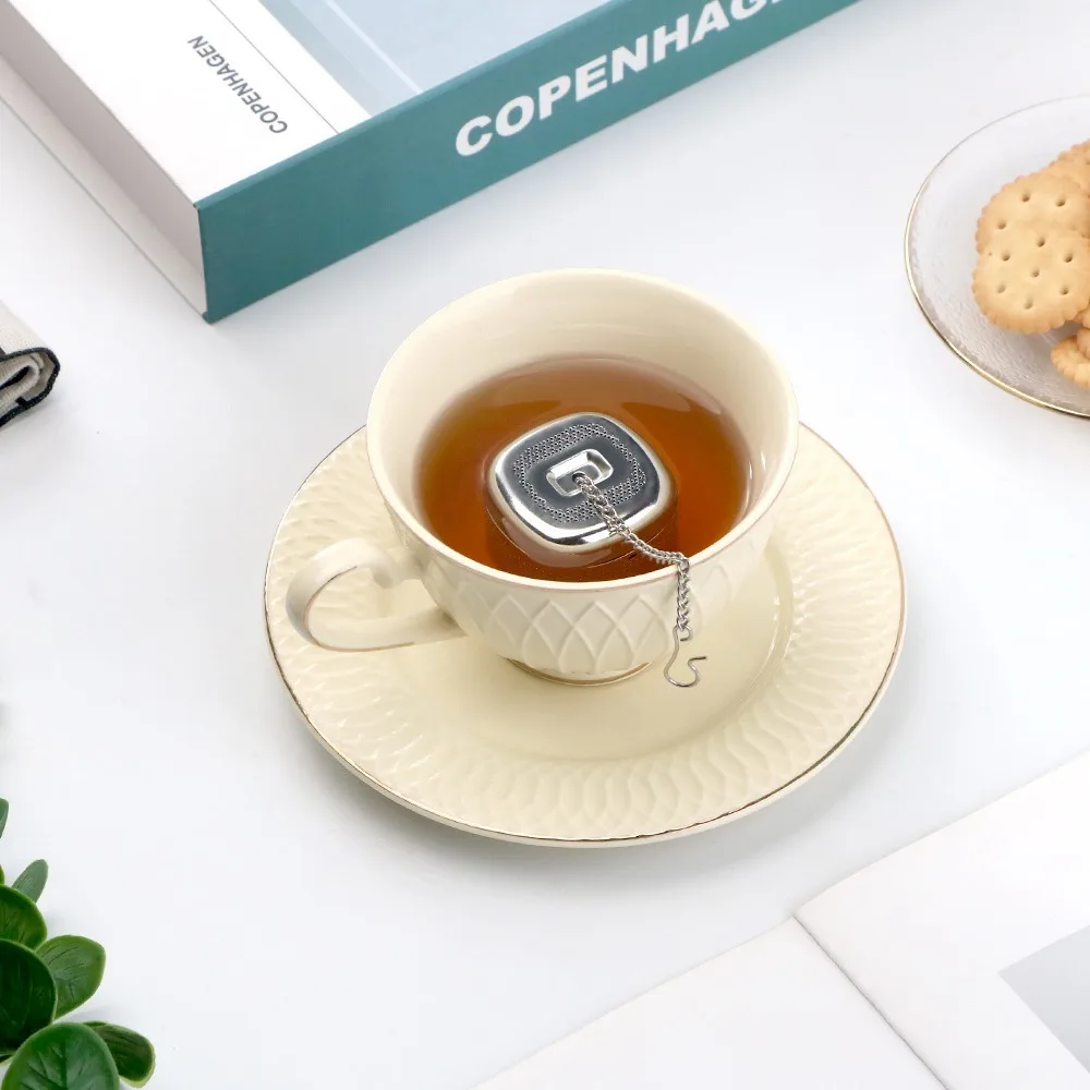 

2 Set Loose Stainless Steel Square Tea Infuser Ball with Tray Tea Filter Fine Mesh Chain Design Tea Strainer Herb
