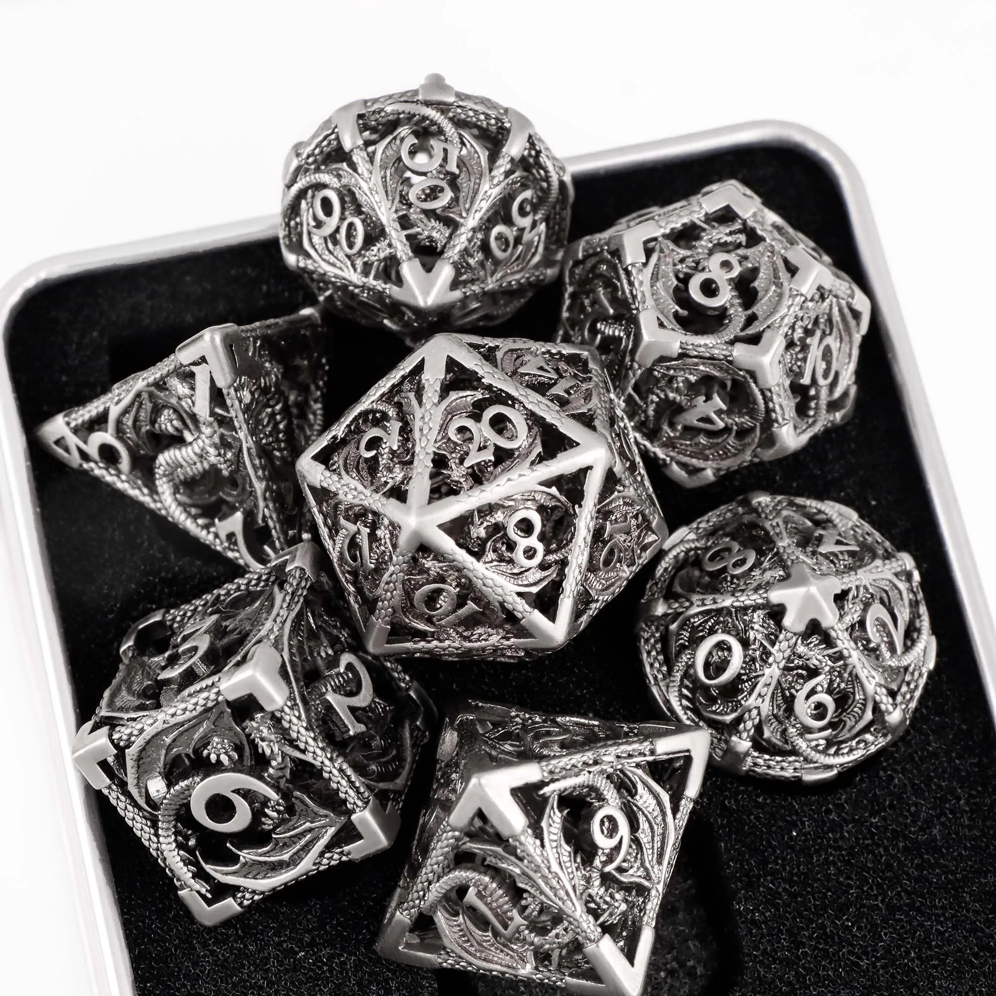 7pcs Hollow Metal Polyhedral Dice Set Lightweight Zinc Alloy for DND RPG Dungeons and Dragons Tabletop Games 5