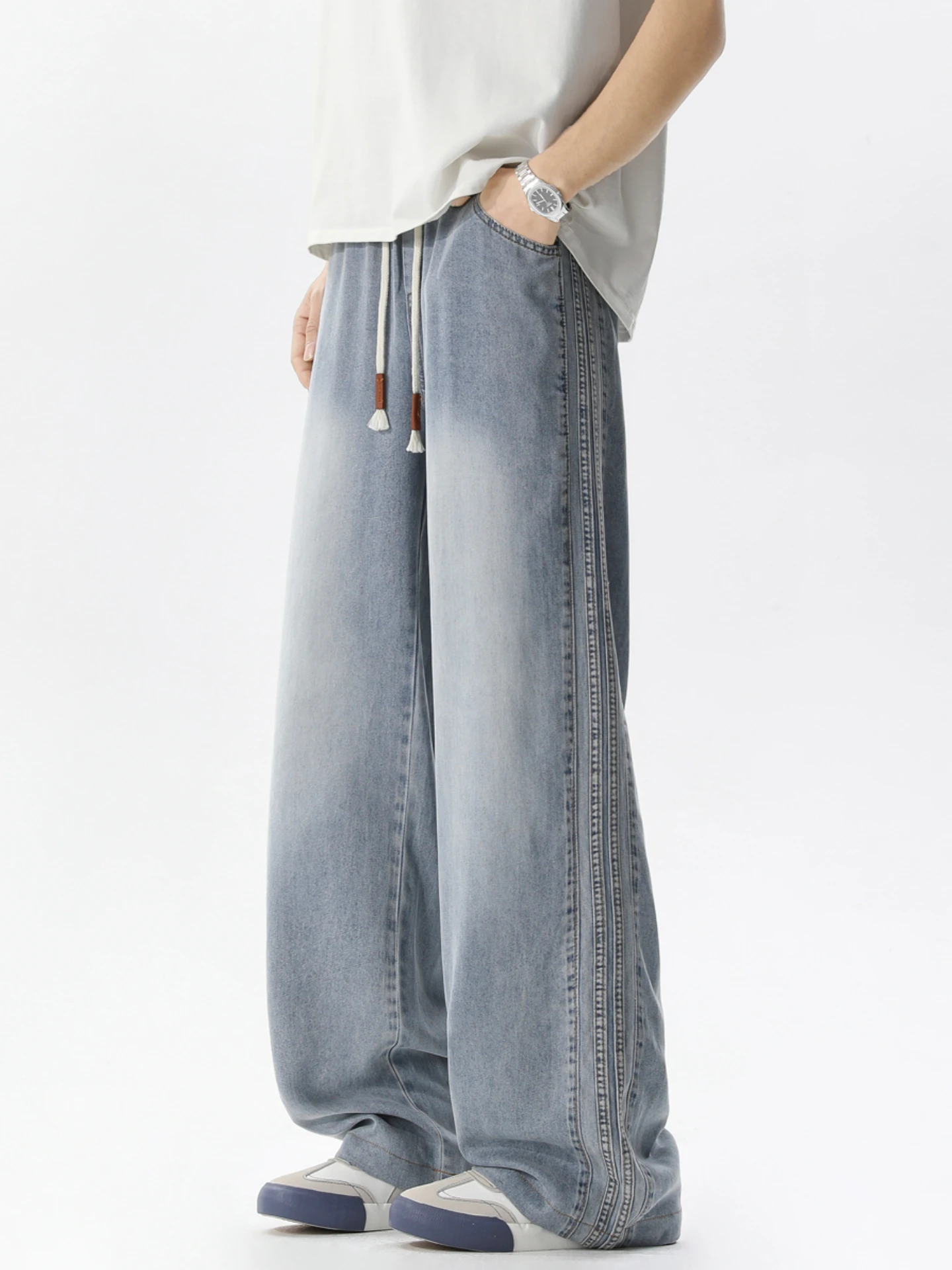 

Повседневные мужские джинсы прямого кроя с боковыми полосками, свободные широкие брюки, универсальные длинные брюки, износостойкие.