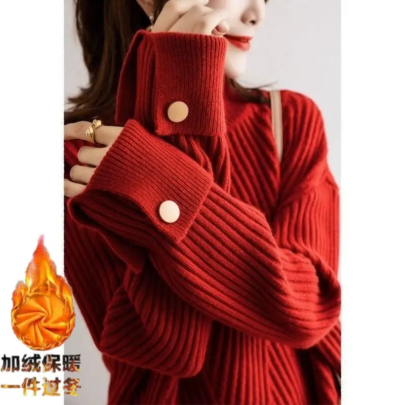 Autumn Winter Solid Color Half Height Collar Ladies New All-match Fashion Knitting Pullovers Women Clothes Loose Buttons Sweater