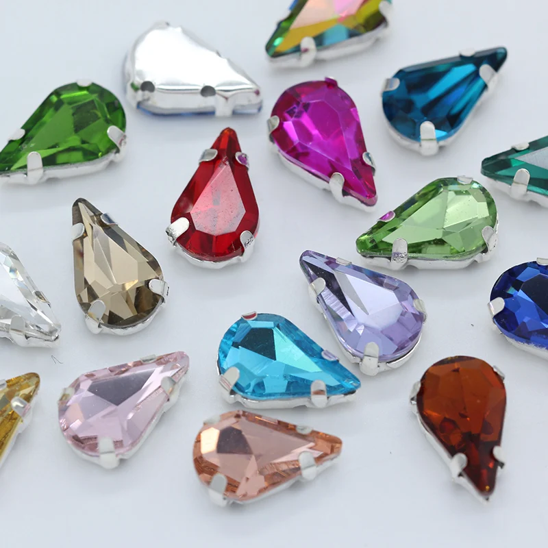 20pcs of 6x10mm teardrop glass pattern stone seam flat back crystal rhinestone silver plated base, used for decorating dress