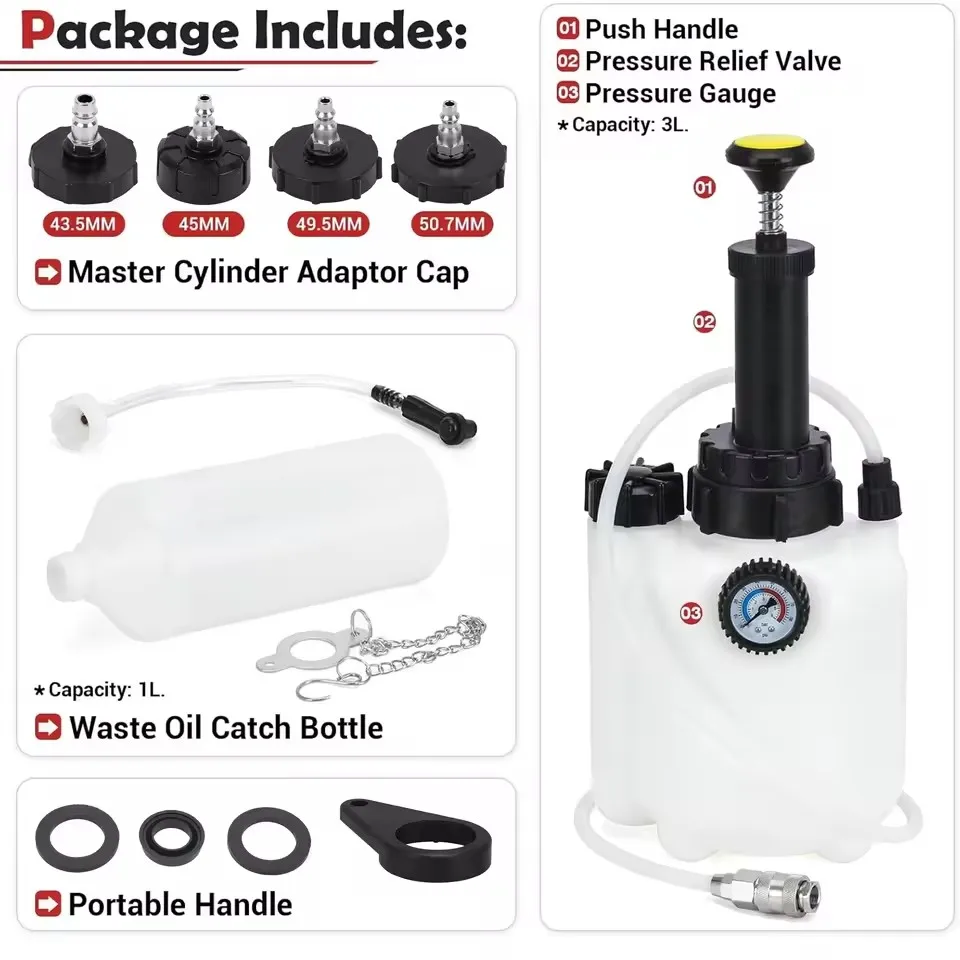 เครื่องเปลี่ยนถ่ายน้ำมันเบรกแบบแมนนวล 4 พอร์ต พร้อมอะแดปเตอร์ถังเก็บน้ำมันเสีย ประแจ 3 ลิตร เครื่องมือเปลี่ยนถ่ายน้ำมันเบรกยานยนต์ ปั๊มแรงดัน